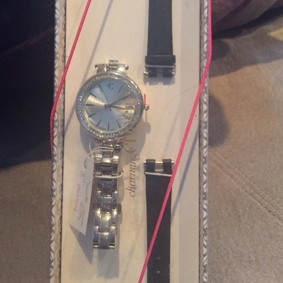 Silver watch with rhinestone face, extra strap - Picture 1 of 3